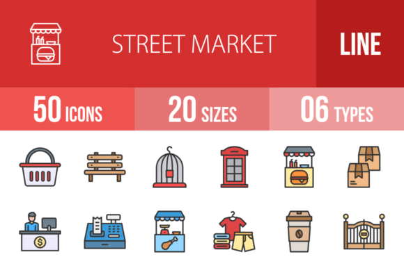 50 Street Market Filled Line Icons: Versatile Design Assets